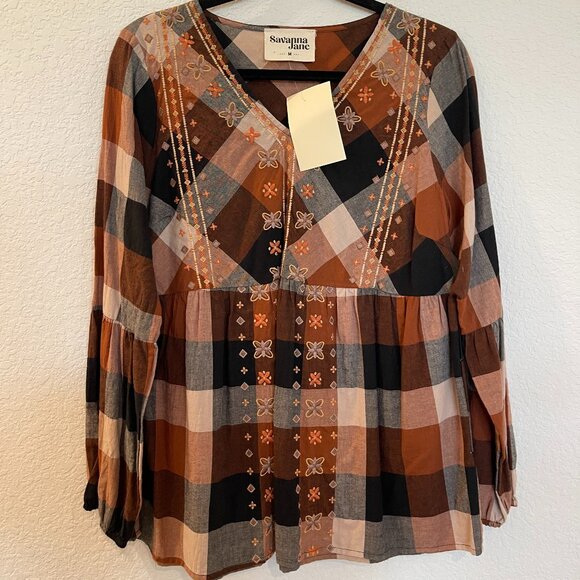 NWT Savanna Jane Plaid Blouse with Embroidery Detail - Picture 1 of 7
